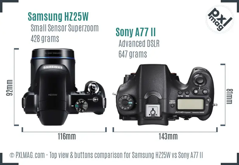 Samsung HZ25W vs Sony A77 II top view buttons comparison