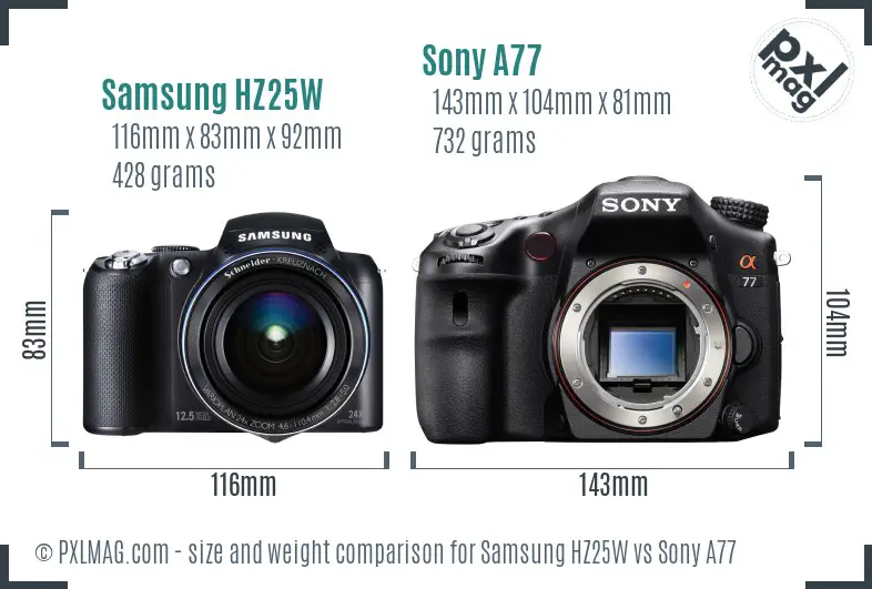 Samsung HZ25W vs Sony A77 size comparison