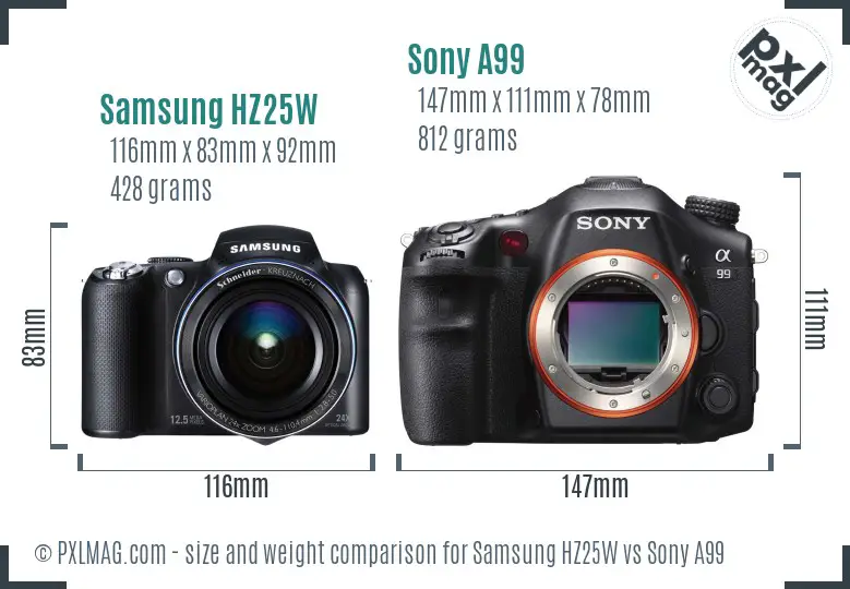 Samsung HZ25W vs Sony A99 size comparison