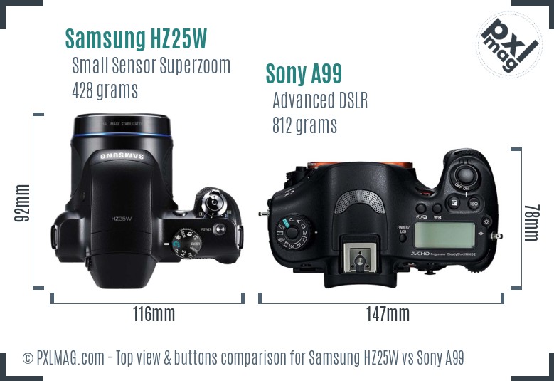 Samsung HZ25W vs Sony A99 top view buttons comparison