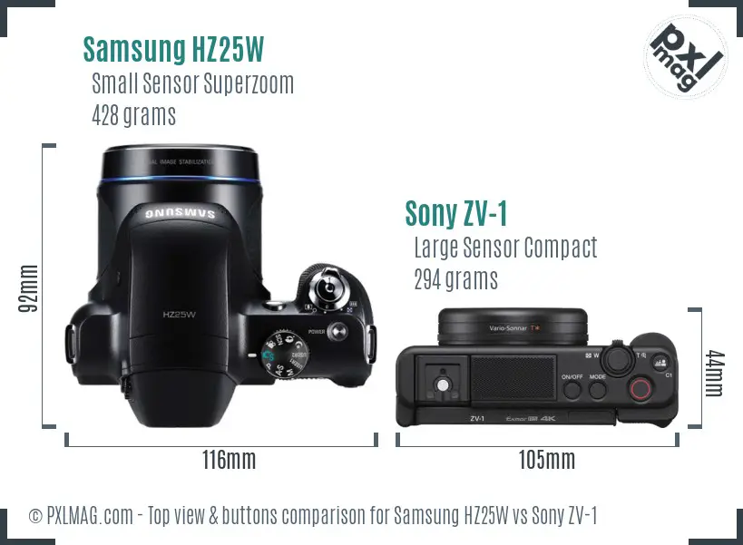 Samsung HZ25W vs Sony ZV-1 top view buttons comparison