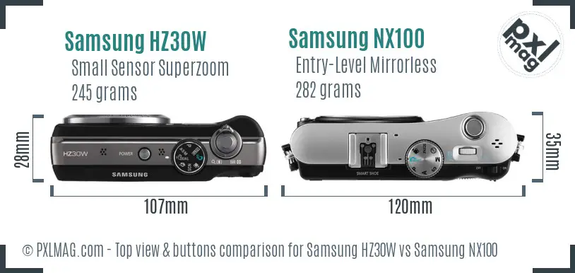 Samsung HZ30W vs Samsung NX100 top view buttons comparison