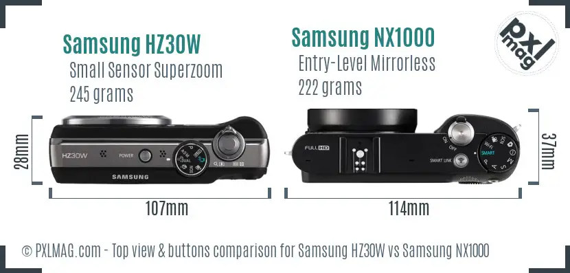 Samsung HZ30W vs Samsung NX1000 top view buttons comparison