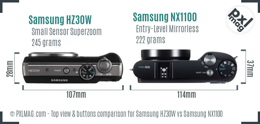 Samsung HZ30W vs Samsung NX1100 top view buttons comparison