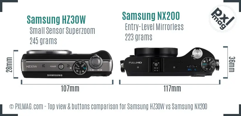 Samsung HZ30W vs Samsung NX200 top view buttons comparison
