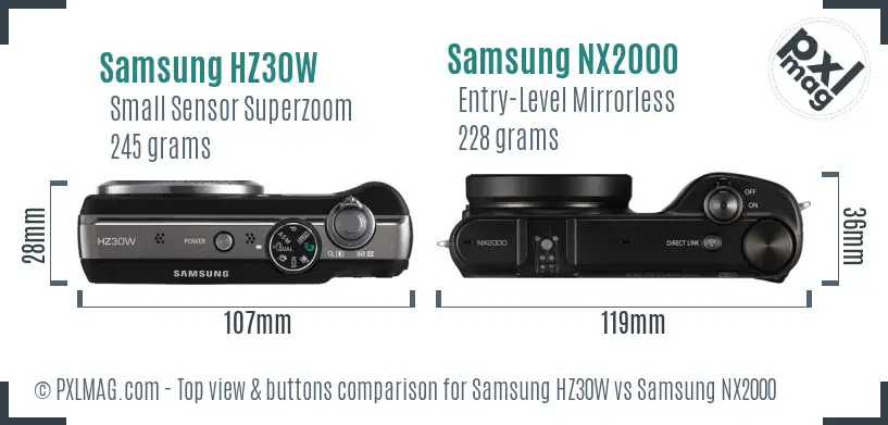Samsung HZ30W vs Samsung NX2000 top view buttons comparison