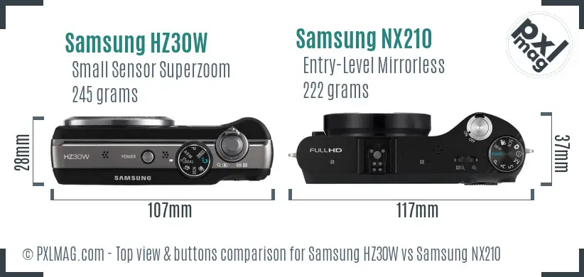 Samsung HZ30W vs Samsung NX210 top view buttons comparison