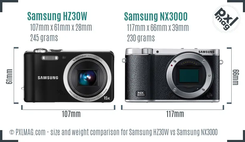Samsung HZ30W vs Samsung NX3000 size comparison