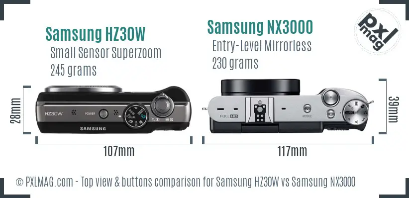Samsung HZ30W vs Samsung NX3000 top view buttons comparison