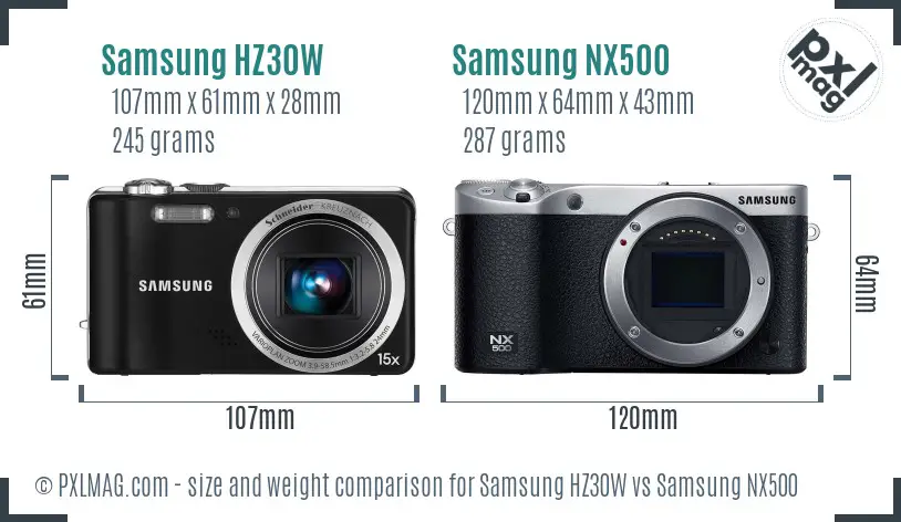 Samsung HZ30W vs Samsung NX500 size comparison