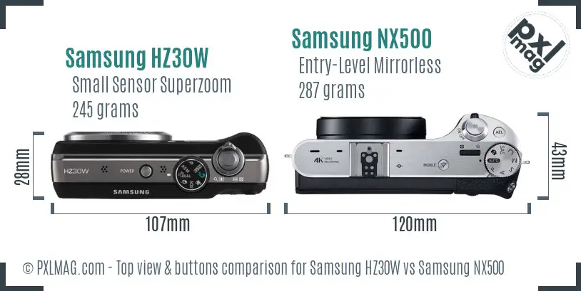 Samsung HZ30W vs Samsung NX500 top view buttons comparison