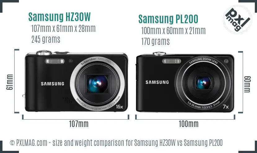 Samsung HZ30W vs Samsung PL200 size comparison