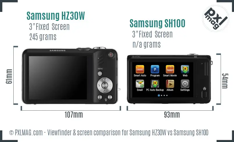 Samsung HZ30W vs Samsung SH100 Screen and Viewfinder comparison