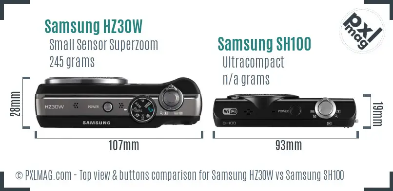 Samsung HZ30W vs Samsung SH100 top view buttons comparison