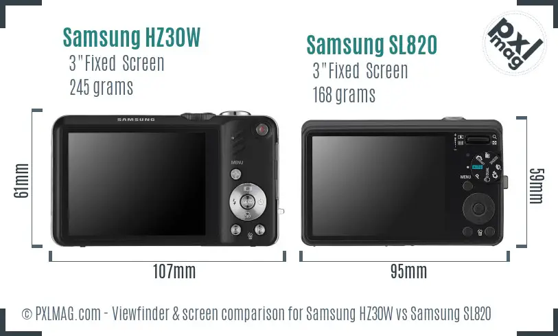 Samsung HZ30W vs Samsung SL820 Screen and Viewfinder comparison