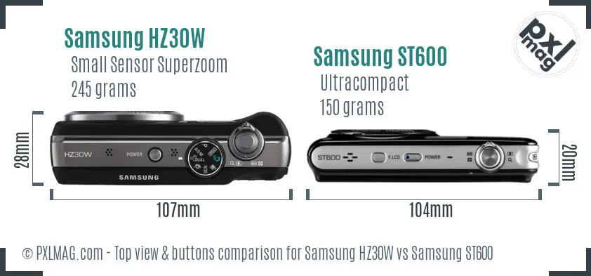 Samsung HZ30W vs Samsung ST600 top view buttons comparison Samsung HZ30W vs Samsung ST600 top view buttons comparison