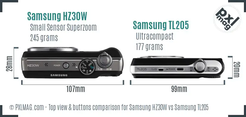 Samsung HZ30W vs Samsung TL205 top view buttons comparison Samsung HZ30W vs Samsung TL205 top view buttons comparison
