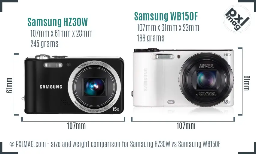 Samsung HZ30W vs Samsung WB150F size comparison