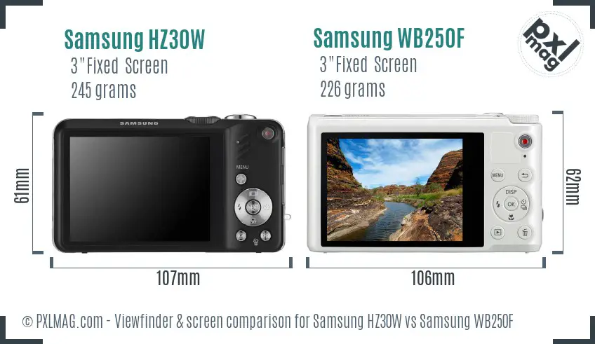 Samsung HZ30W vs Samsung WB250F Screen and Viewfinder comparison