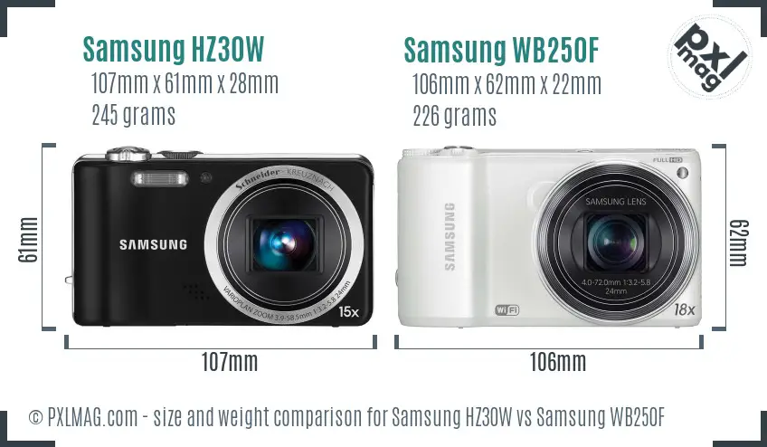Samsung HZ30W vs Samsung WB250F size comparison