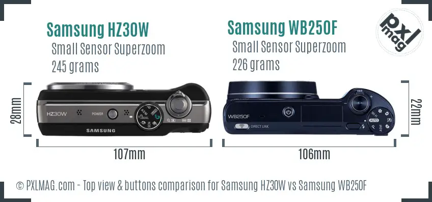 Samsung HZ30W vs Samsung WB250F top view buttons comparison