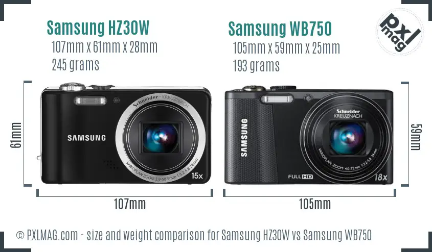 Samsung HZ30W vs Samsung WB750 size comparison