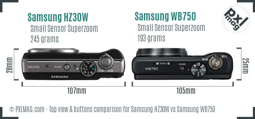 Samsung HZ30W vs Samsung WB750 top view buttons comparison