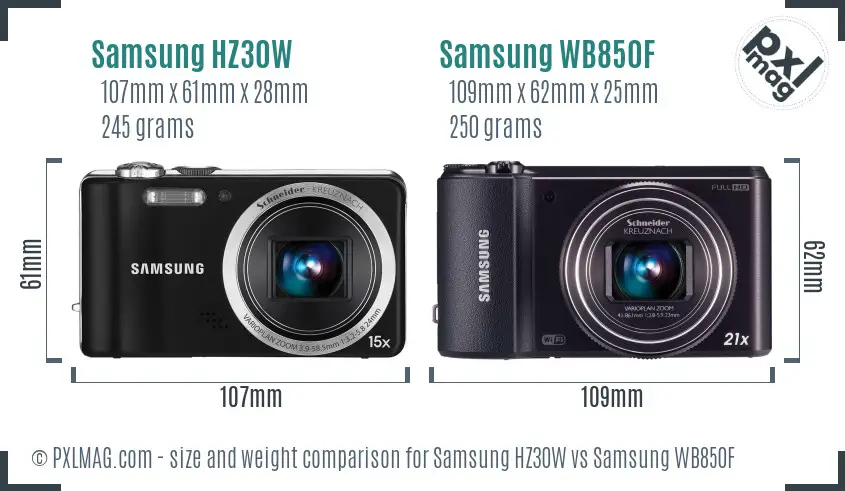 Samsung HZ30W vs Samsung WB850F size comparison