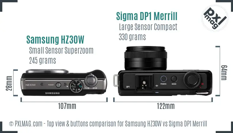 Samsung HZ30W vs Sigma DP1 Merrill top view buttons comparison