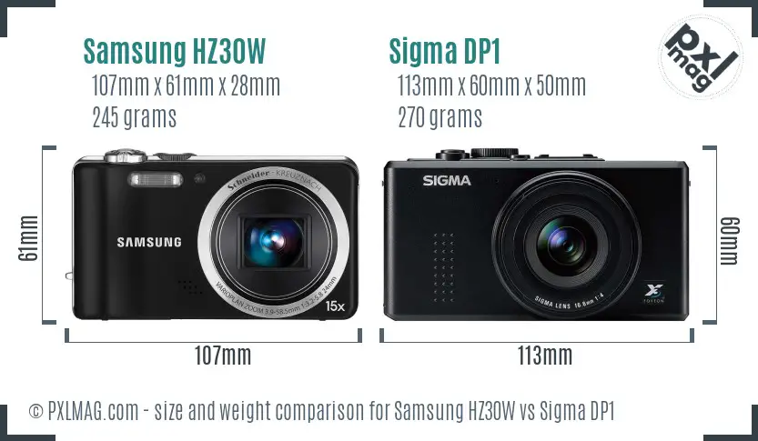 Samsung HZ30W vs Sigma DP1 size comparison