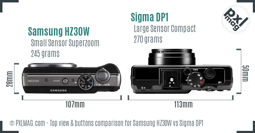 Samsung HZ30W vs Sigma DP1 top view buttons comparison