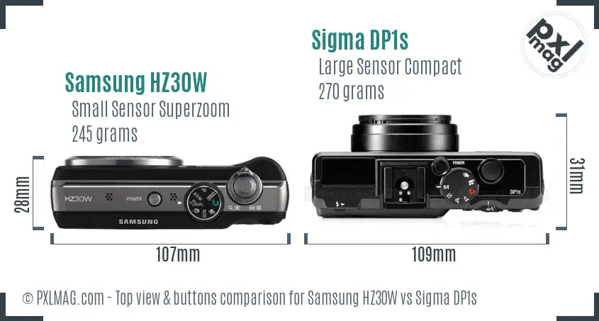 Samsung HZ30W vs Sigma DP1s top view buttons comparison