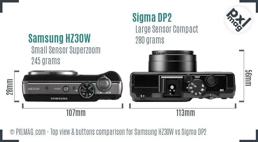 Samsung HZ30W vs Sigma DP2 top view buttons comparison