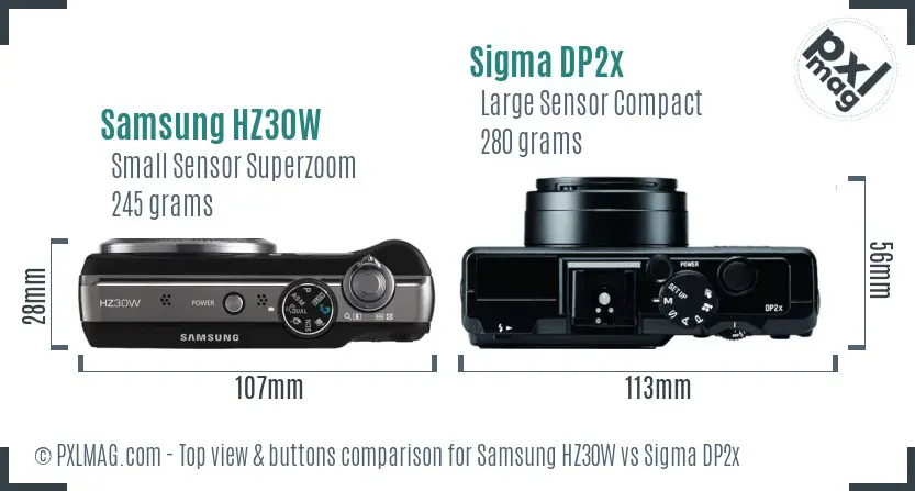 Samsung HZ30W vs Sigma DP2x top view buttons comparison