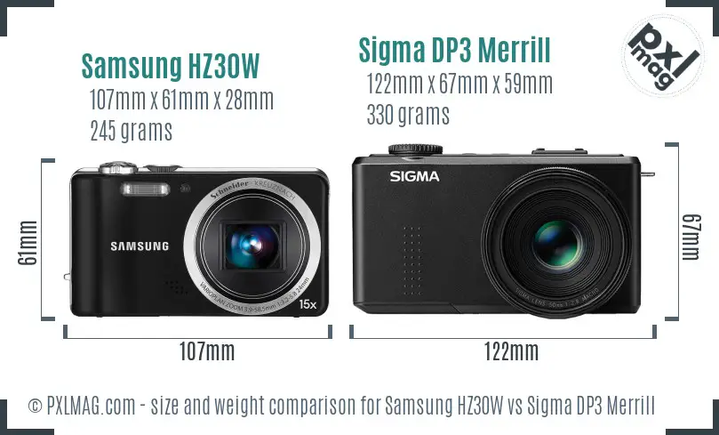 Samsung HZ30W vs Sigma DP3 Merrill size comparison