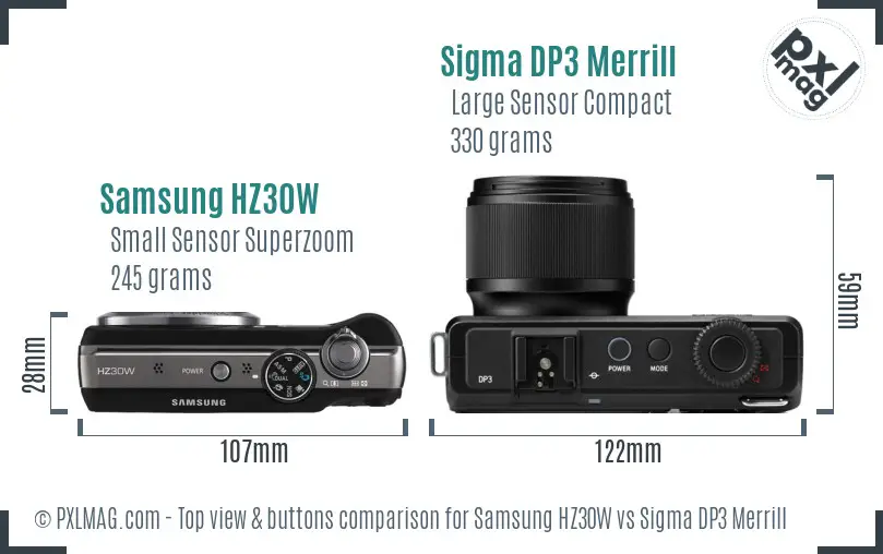 Samsung HZ30W vs Sigma DP3 Merrill top view buttons comparison