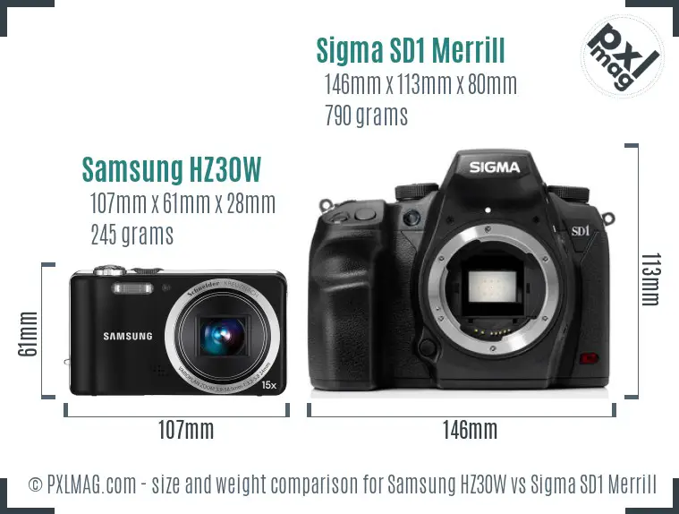 Samsung HZ30W vs Sigma SD1 Merrill size comparison