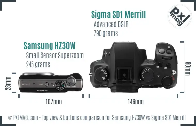 Samsung HZ30W vs Sigma SD1 Merrill top view buttons comparison