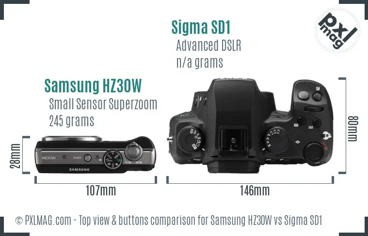 Samsung HZ30W vs Sigma SD1 top view buttons comparison