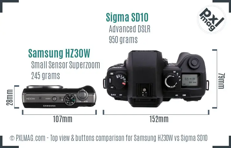 Samsung HZ30W vs Sigma SD10 top view buttons comparison