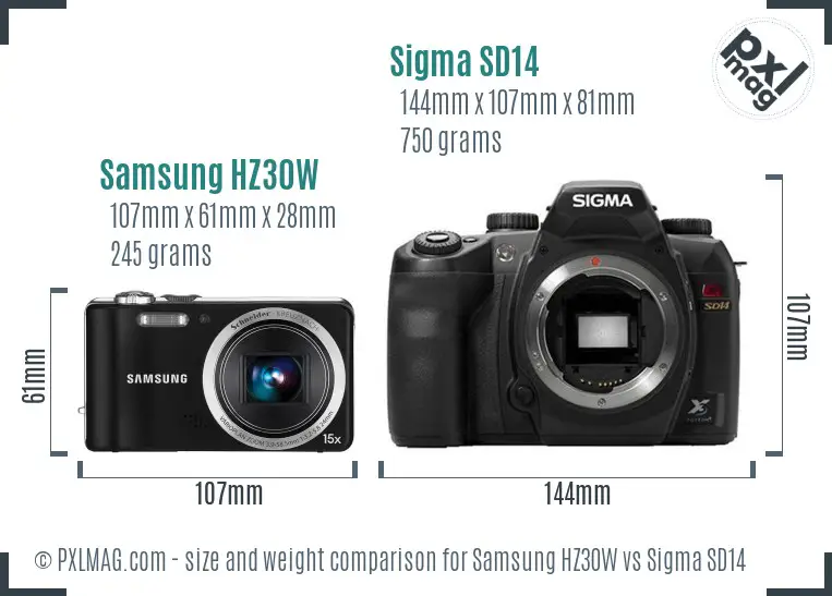 Samsung HZ30W vs Sigma SD14 size comparison