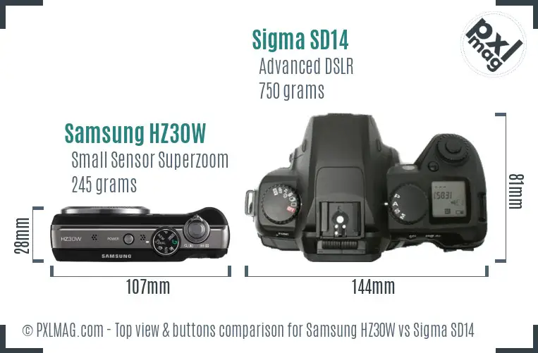 Samsung HZ30W vs Sigma SD14 top view buttons comparison