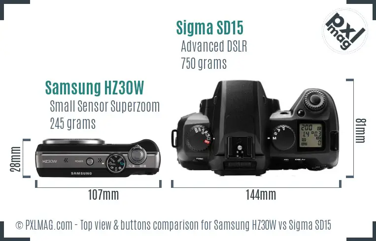 Samsung HZ30W vs Sigma SD15 top view buttons comparison