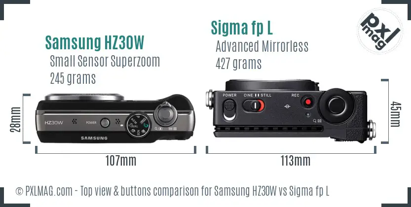 Samsung HZ30W vs Sigma fp L top view buttons comparison