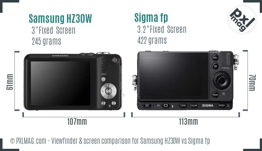 Samsung HZ30W vs Sigma fp Screen and Viewfinder comparison