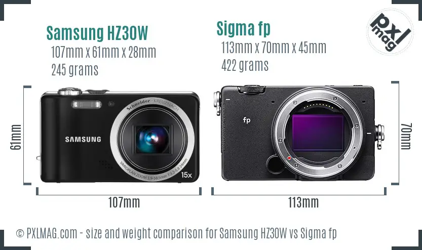 Samsung HZ30W vs Sigma fp size comparison