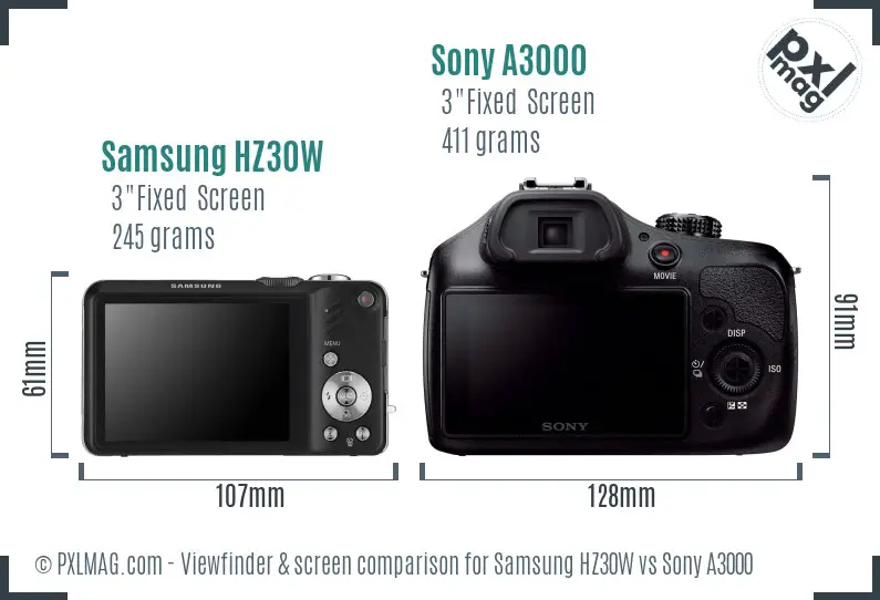 Samsung HZ30W vs Sony A3000 Screen and Viewfinder comparison