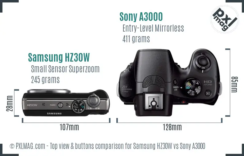 Samsung HZ30W vs Sony A3000 top view buttons comparison