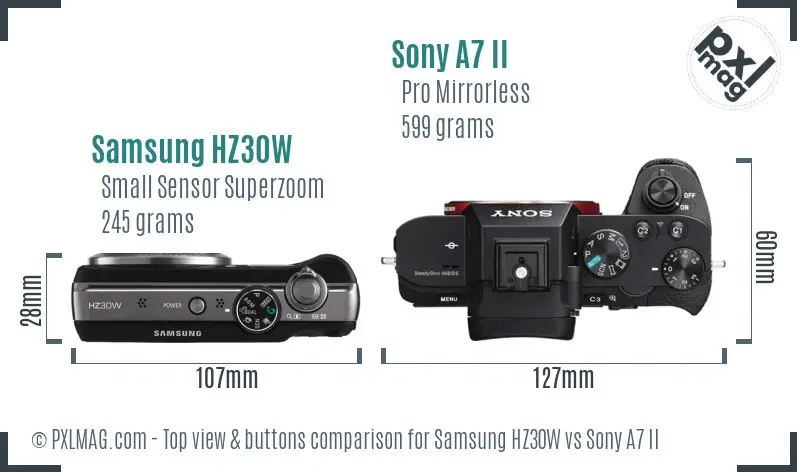Samsung HZ30W vs Sony A7 II top view buttons comparison