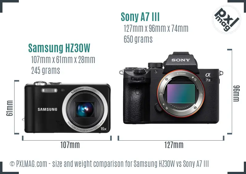 Samsung HZ30W vs Sony A7 III size comparison